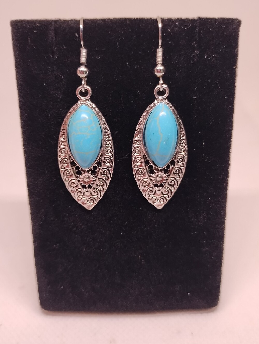 Turquoise Stone Filigree Drop Earrings - Blue G23